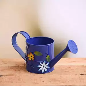 4.3 inch (11 cm) Flower Embossed Small Round Metal Watering Can Planter (Blue)