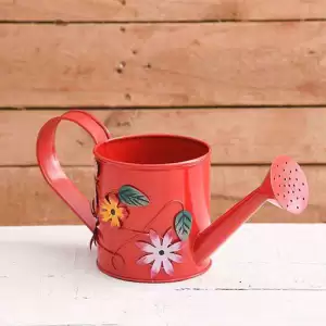 4.3 inch (11 cm) Flower Embossed Small Round Metal Watering Can Planter (Red)