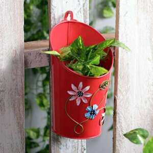 4 inch (10 cm) Half Moon Round Metal Planter (Red) (Set of 3)